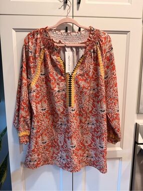 Boho-Style Orange Printed Tunic with Yellow Trim